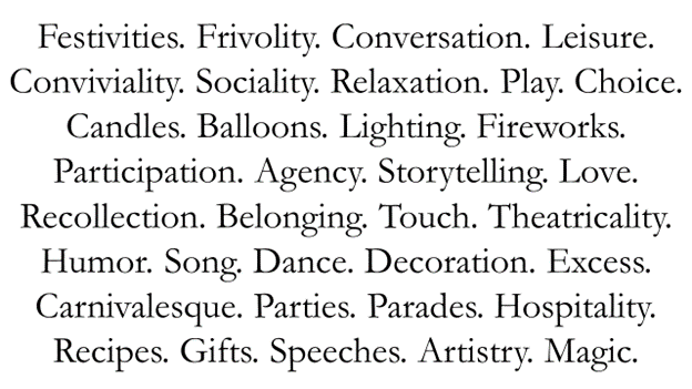 a list of words, starting with &ldquo;Festivities&rdquo;.